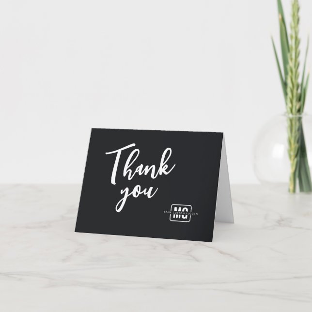 Trendy Black Modern Script Monogram Logo Business Thank You Card (Front)