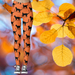 Trendy Black Orange Crazy Cat Woman Leggings