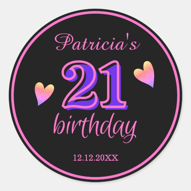 Trendy Black Pink And Purple Heart 21st Birthday Classic Round Sticker (Front)
