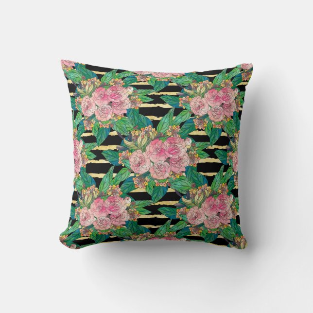 Trendy Black Pink flowers Gold Stripes Botanical Throw Pillow (Front)
