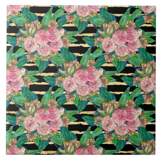 Trendy Black Pink flowers Gold Stripes Botanical Tile (Front)