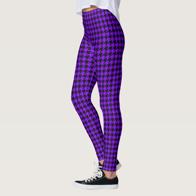 Trendy Black & Purple Houndstooth Deco Chic Leggings (Left)