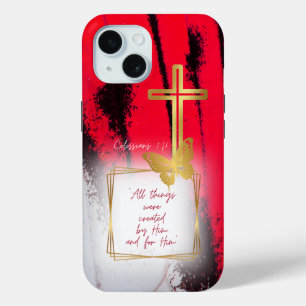 Trendy Black Red and White Gold Cross Butterfly  iPhone 15 Case