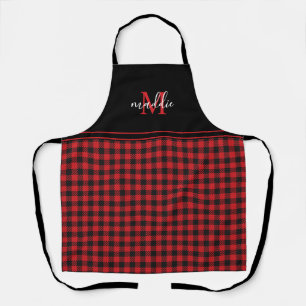 Trendy Black & Red Buffalo Plaid Monogrammed Apron