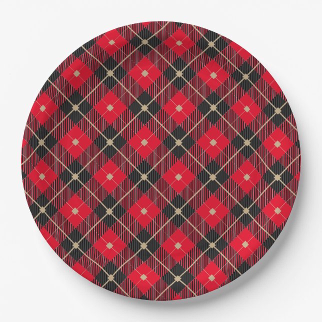Trendy Black Red Plaid Pattern Paper Plate (Front)