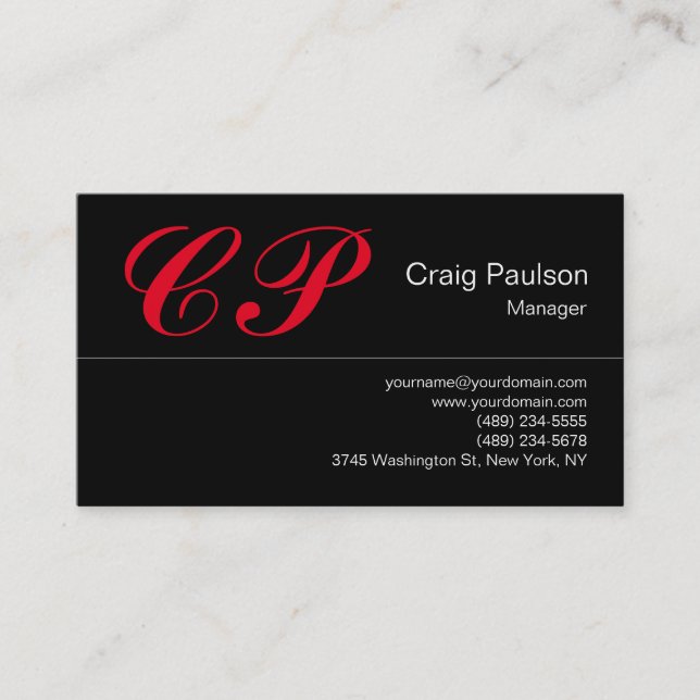 Trendy Black Red Script Monogram Business Card (Front)