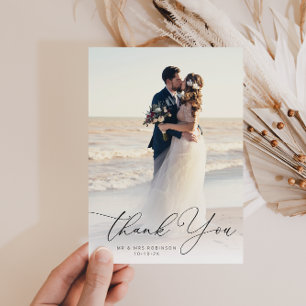 trendy black script wedding photo thank you card