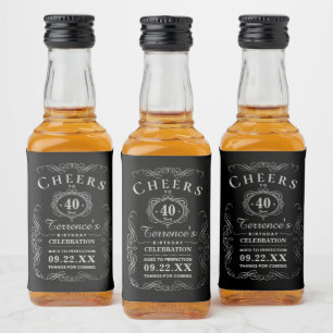 Trendy Black & Silver Typography Birthday Party Liquor Bottle Label