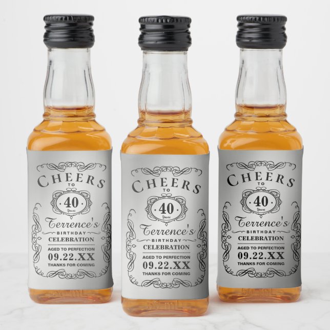 Trendy Black & Silver Typography Birthday Party Liquor Bottle Label (Bottles)