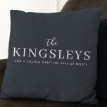 Trendy Black Stylish Modern Bold Typograhy Name Throw Pillow<br><div class="desc">A stylish,  trendy modern holiday pillow with your surname featured in classic typography paired with handwritten script in white a gorgeous dark blue off black feature colour. A striking minimal design to stand out from the crowd this christmas season!</div>