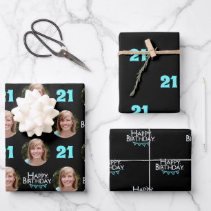 Trendy Black Teal Photo Collage 21st Birthday Wrapping Paper Sheet