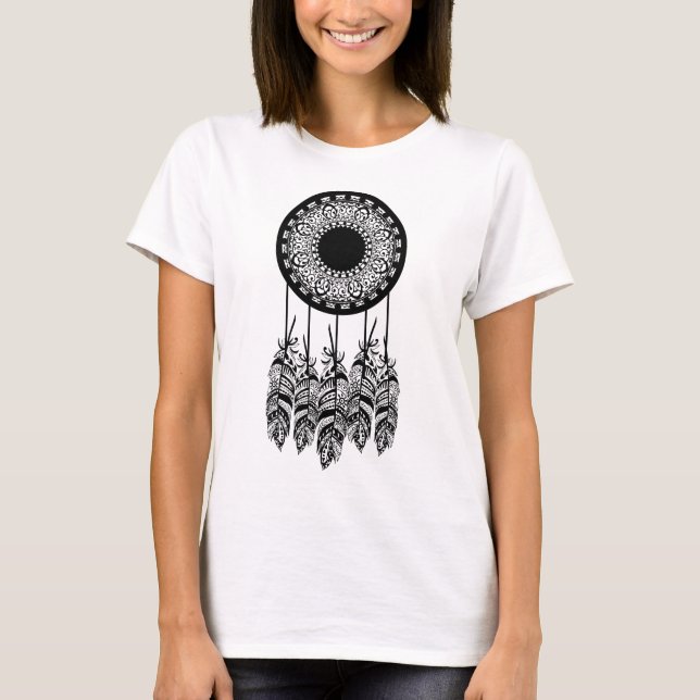 Trendy Black Tribal Feathers Mandala Dream Catcher T-Shirt (Front)