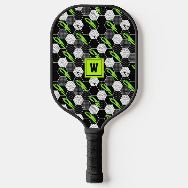 Trendy Black & White Abstract Geometric Soccer Pickleball Paddle (Front)