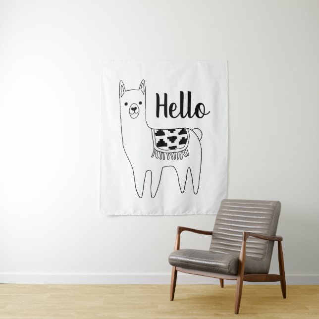 Trendy Black & White Aztec Llama Hello Tapestry (In Situ)