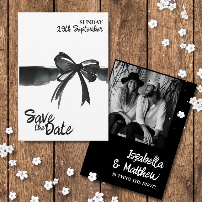 Trendy Black White Bow Modern Simple Wedding RSVP Card (save the date cards with Watercolor bow black white for elegant modern simple wedding photo custom )