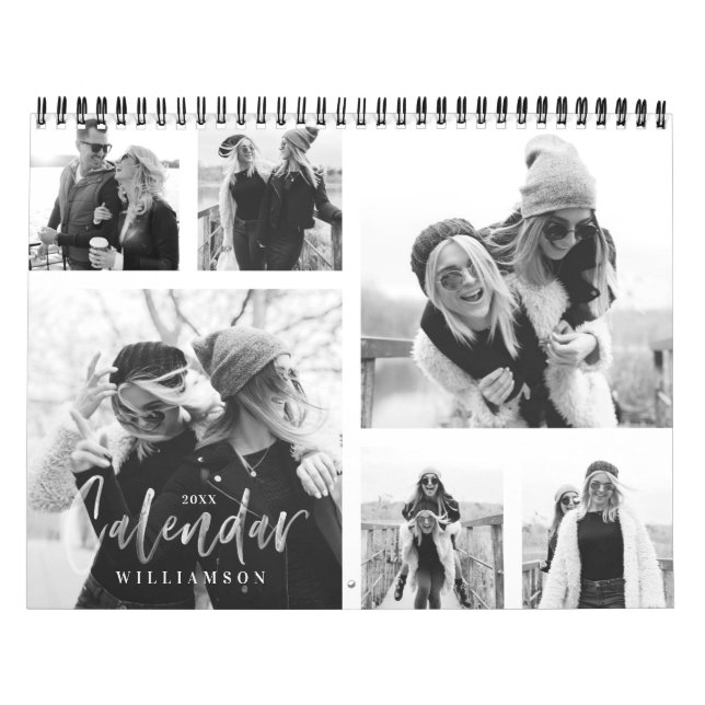 Trendy Black & White Brush Script Photo Collage Calendar (Cover)