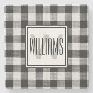 Trendy Black/White Buffalo Plaid Monogrammed Stone Coaster