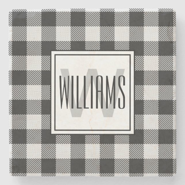 Trendy Black/White Buffalo Plaid Monogrammed Stone Coaster (Front)