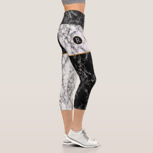 Trendy Black & White Check Marble - Add Letter  Capri Leggings