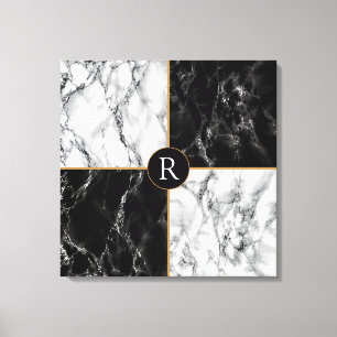 Trendy Black & White Check Marble -Add Letter/Year Canvas Print
