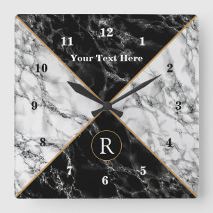 Trendy Black & White Check Marble -Add Text/Letter Square Wall Clock
