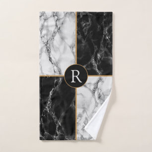 Trendy Black & White Check Marble -Add Your Letter Bath Towel Set