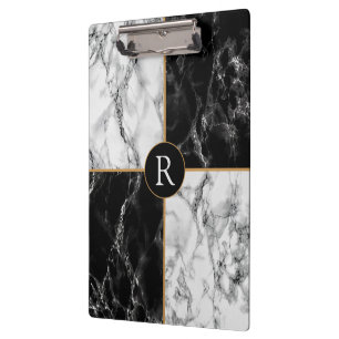 Trendy Black & White Check Marble -Add Your Letter Clipboard