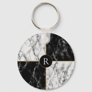 Trendy Black & White Check Marble -Add Your Letter Keychain
