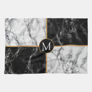 Trendy Black & White Check Marble -Add Your Letter Kitchen Towel