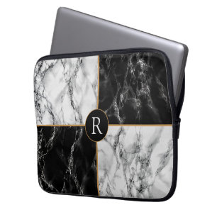 Trendy Black & White Check Marble -Add Your Letter Laptop Sleeve
