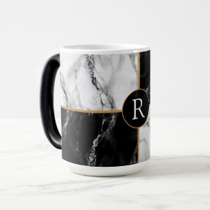 Trendy Black & White Check Marble -Add Your Letter Magic Mug