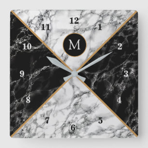 Trendy Black & White Check Marble -Add Your Letter Square Wall Clock