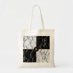 Trendy Black & White Check Marble -Add Your Letter Tote Bag