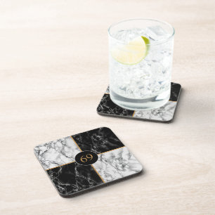 Trendy Black & White Check Marble -Add Your Number Coaster
