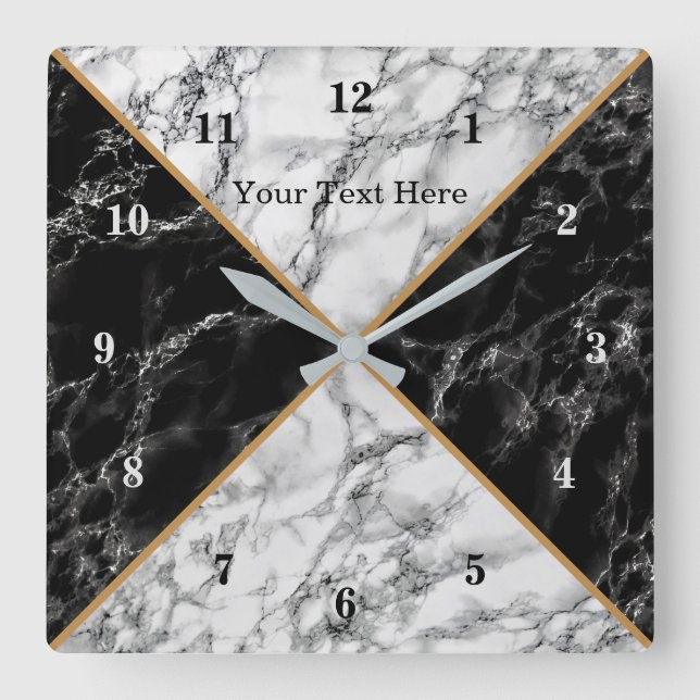 Trendy Black & White Check Marble - Add Your Text Square Wall Clock (Front)