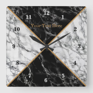 Trendy Black & White Check Marble Clock Your Text 