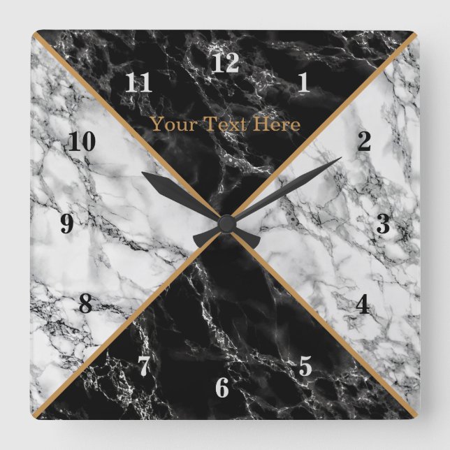 Trendy Black & White Check Marble Clock Your Text  (Front)