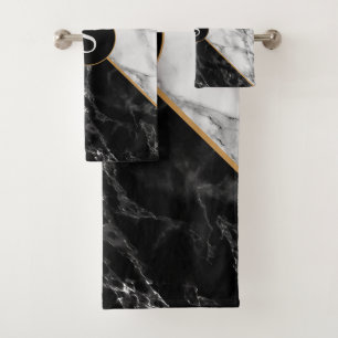 Trendy Black & White Check Marble - Personalized Bath Towel Set