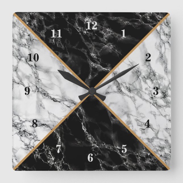 Trendy Black & White Check Marble Stones - Luxury Square Wall Clock (Front)