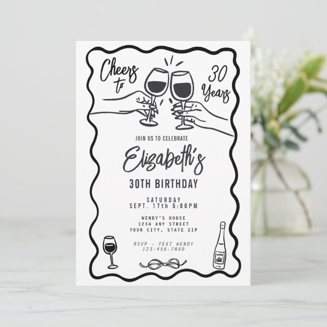 Trendy Black & White Cheers to 30 Years Birthday  Invitation (Standing Front)