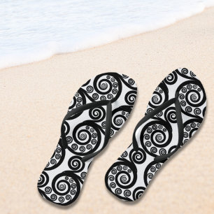 Trendy Black & White Curly Swirls Flip Flops