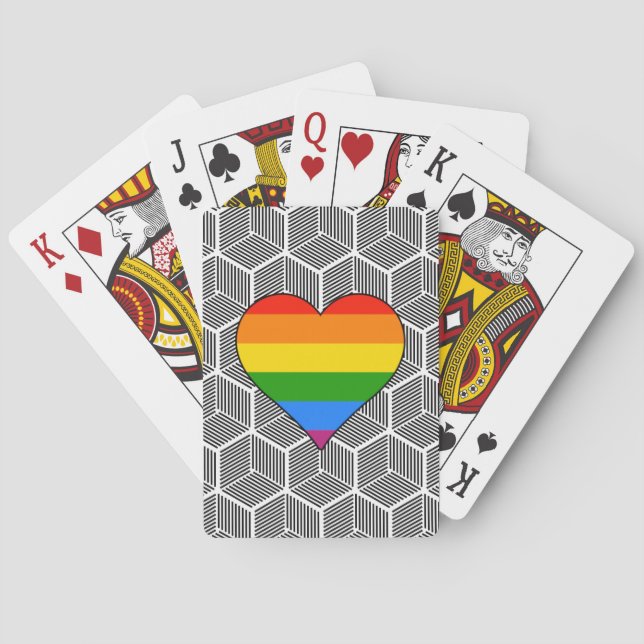 Trendy Black White Design with Rainbow Heart Love Playing Cards (Back)