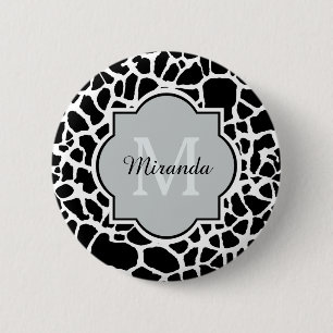 Trendy Black White Giraffe Print Monogrammed Name 2 Inch Round Button