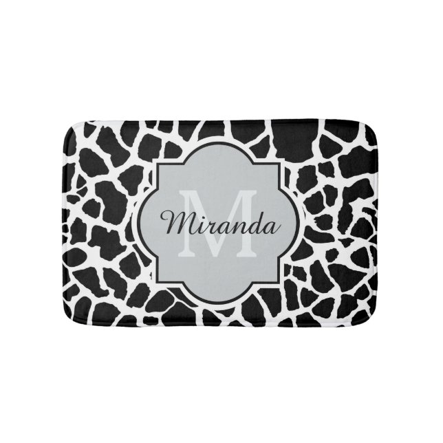 Trendy Black White Giraffe Print Monogrammed Name Bath Mat (Front)
