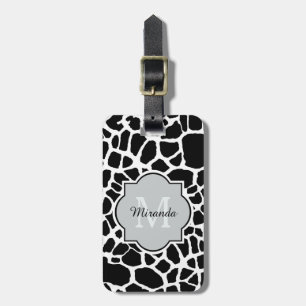 Trendy Black White Giraffe Print Monogrammed Name Luggage Tag
