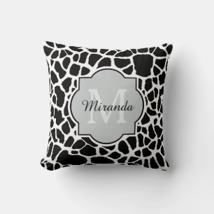 Trendy Black White Giraffe Print Monogrammed Name Throw Pillow
