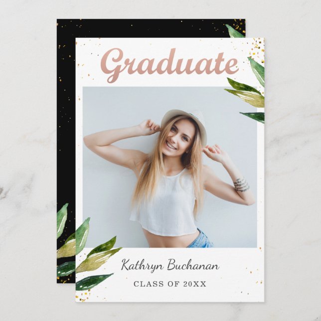 Trendy Black White Greenery Photo Graduation Party Invitation (Front/Back)