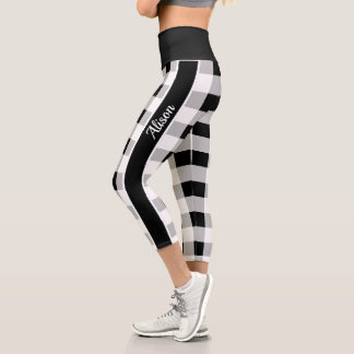 Trendy Black White Grey Chequered Pattern Custom Capri Leggings
