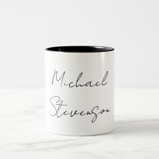 Trendy Black White Handwritten Minimalist Two-Tone Coffee Mug (Center)