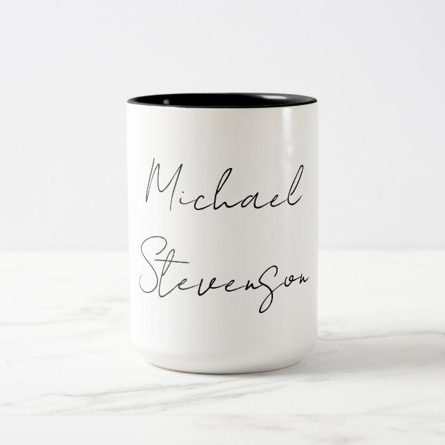 Trendy Black White Handwritten Minimalist Two-Tone Coffee Mug (Center)